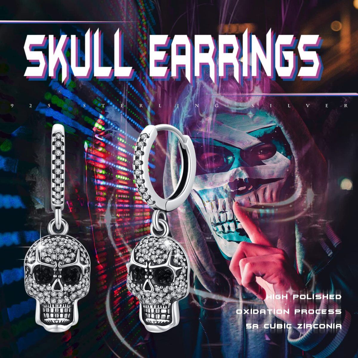 Pendientes de plata de ley con calavera de circonita cúbica para hombre-5