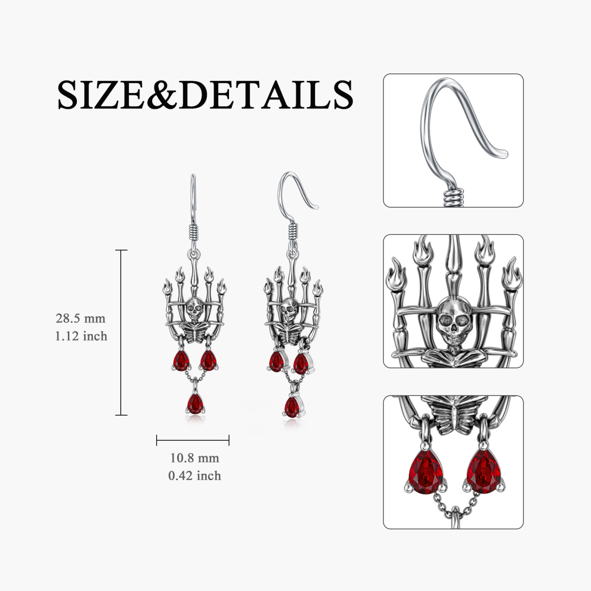 Boucles d'oreilles pendantes en argent sterling et oxyde de zirconium en forme de tête de mort-5