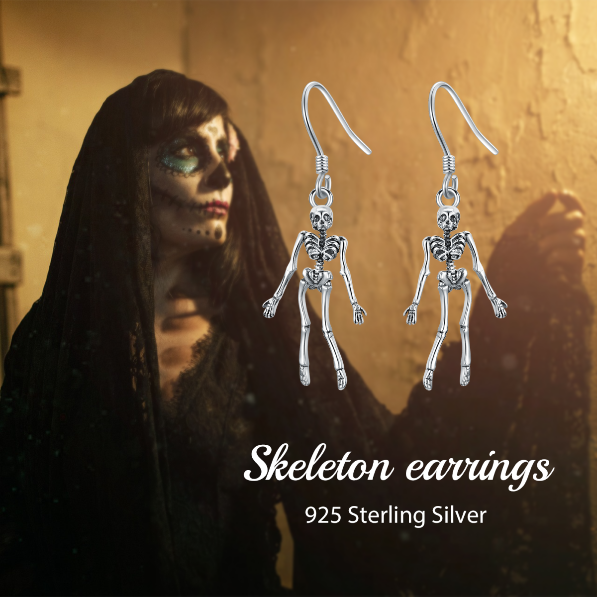 Pendientes colgantes de calavera en plata de ley-6