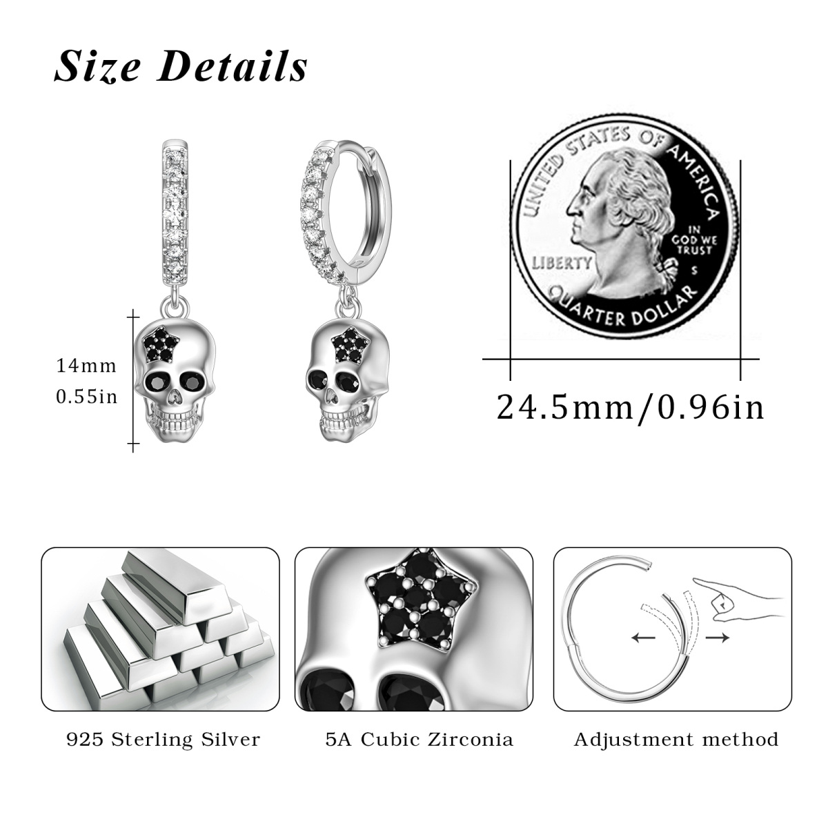 Sterling Silver Cubic Zirconia Skull Drop Earrings-4