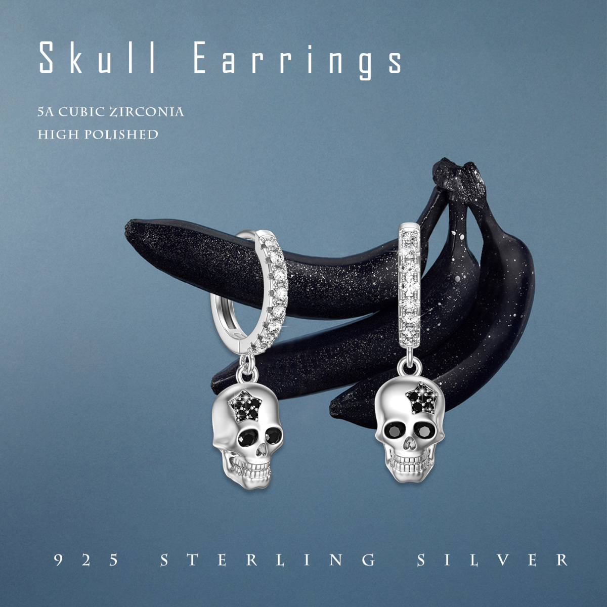 Sterling Silver Cubic Zirconia Skull Drop Earrings-5