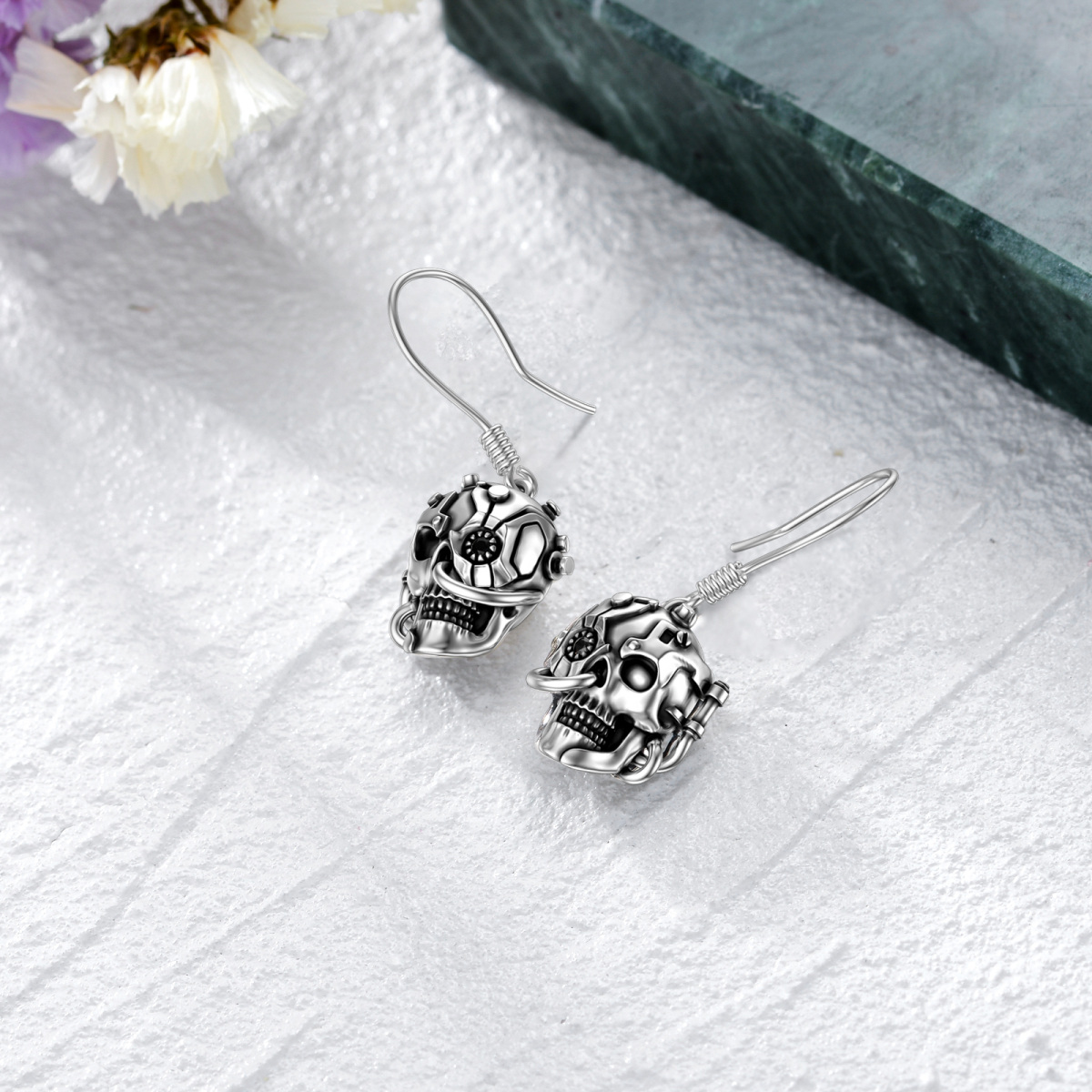 Pendientes colgantes con calavera de plata de ley-3