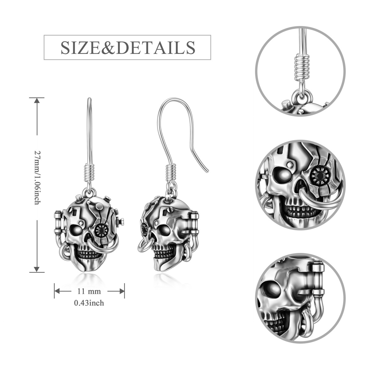 Pendientes colgantes con calavera de plata de ley-4