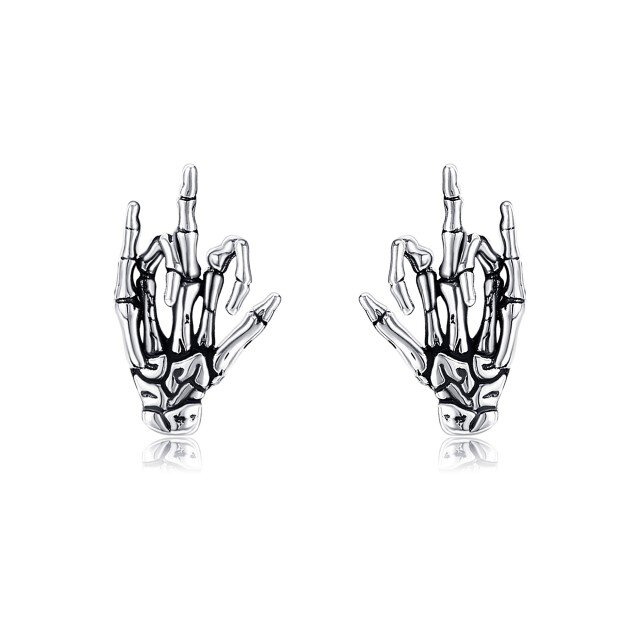 Sterling Silver Skull Hand Stud Earrings-1