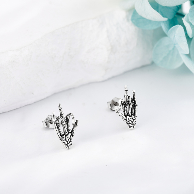 Sterling Silver Skull Hand Stud Earrings-3