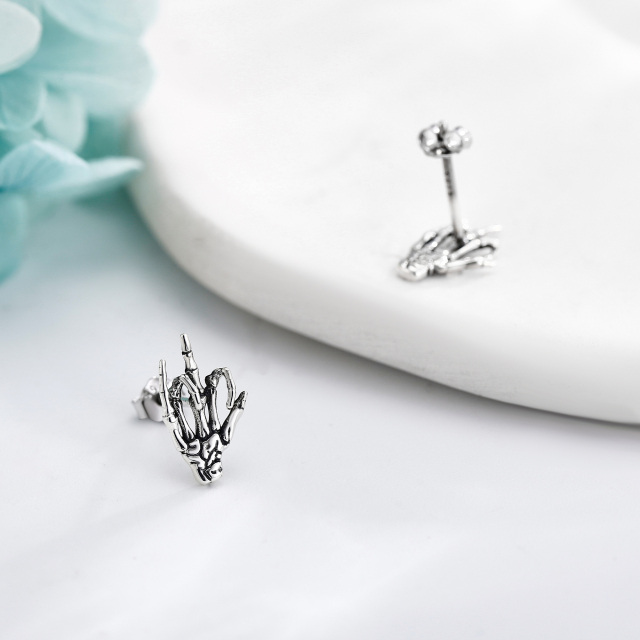 Sterling Silver Skull Hand Stud Earrings-4