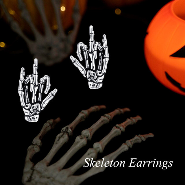 Sterling Silver Skull Hand Stud Earrings-6