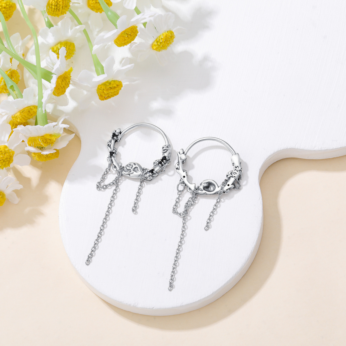 Boucles d'oreilles créoles en argent sterling avec tête de mort-4