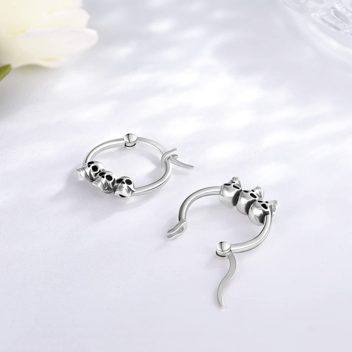 Sterling Silver Skull Hoop Earrings-4