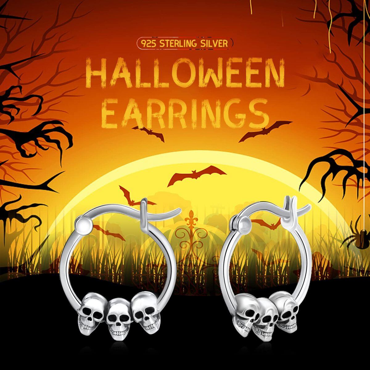 Pendientes de aro calavera de plata de ley-6