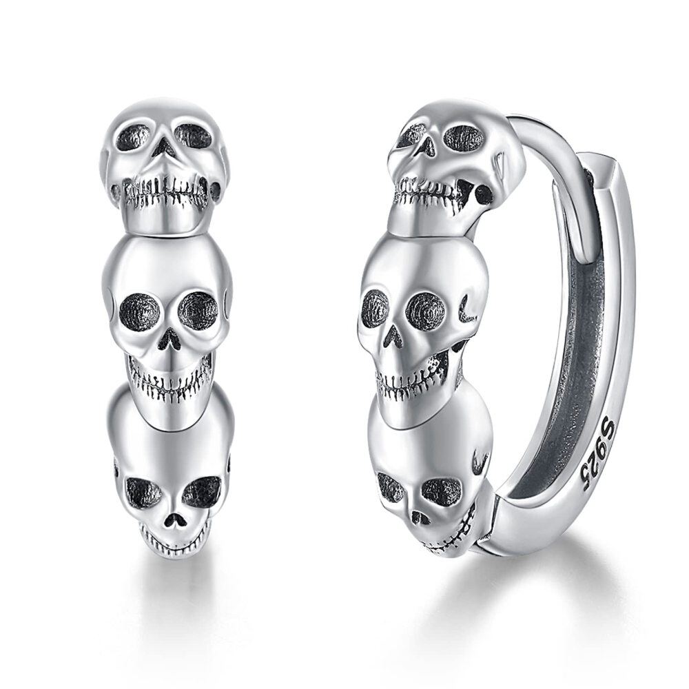 Pendientes de aro calavera de plata de ley-1