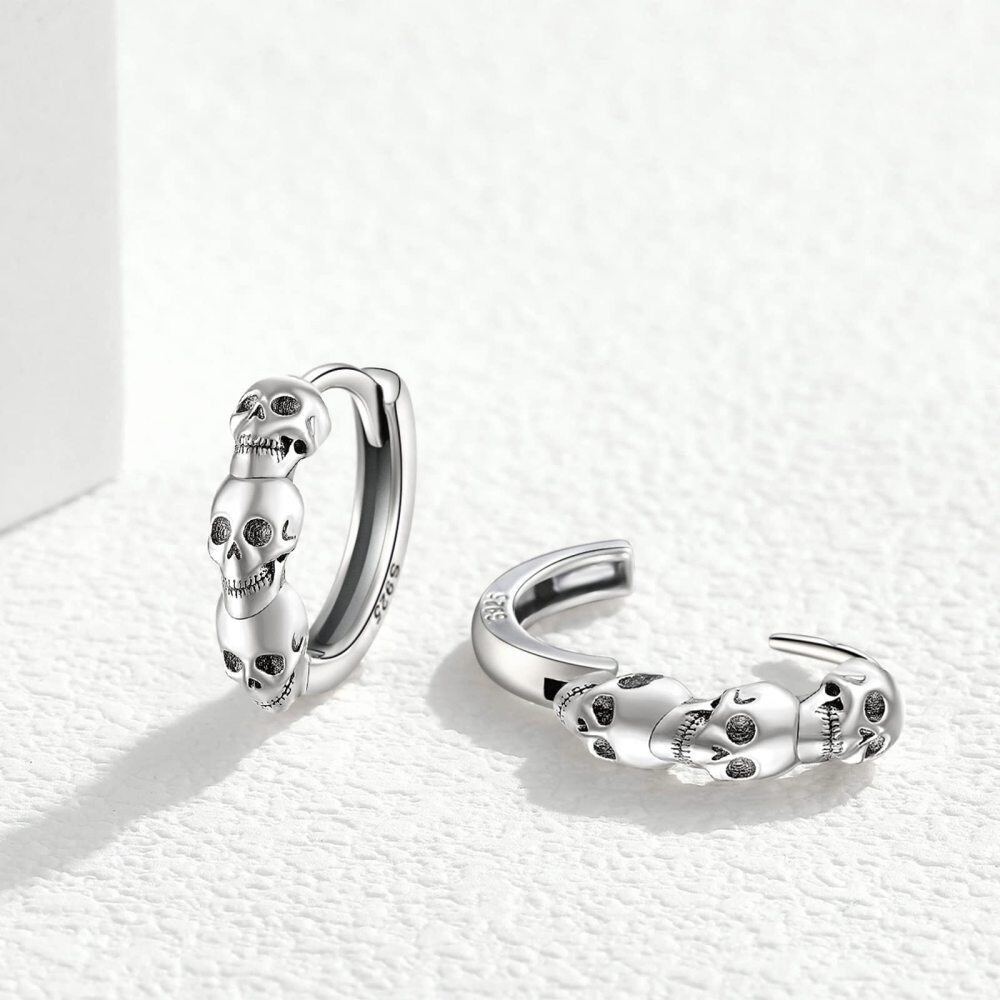 Pendientes de aro calavera de plata de ley-4