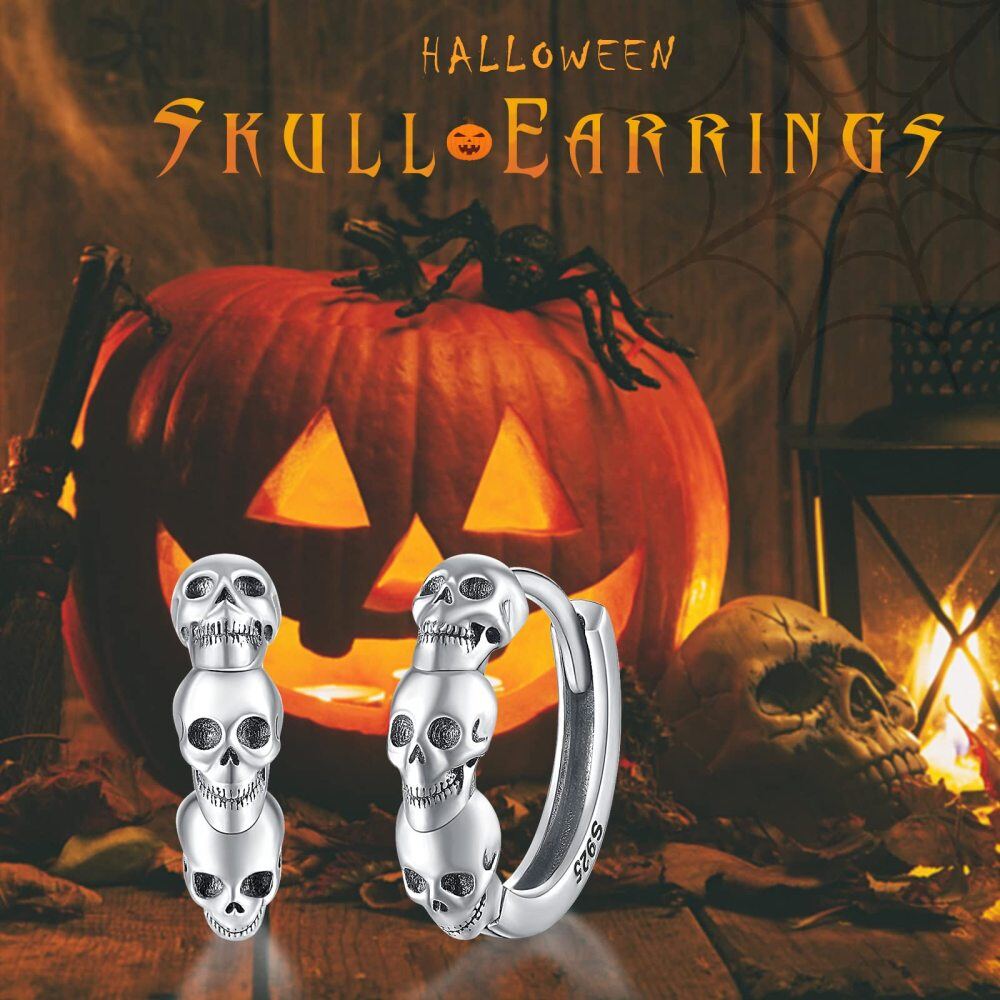 Pendientes de aro calavera de plata de ley-6