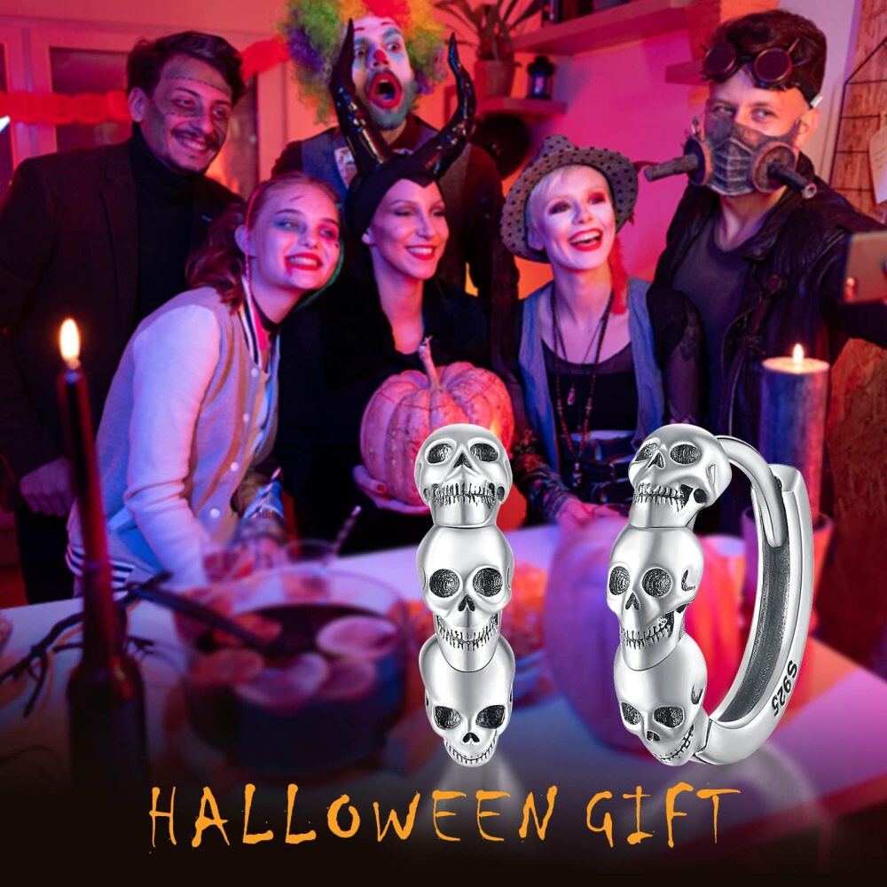 Pendientes de aro calavera de plata de ley-7