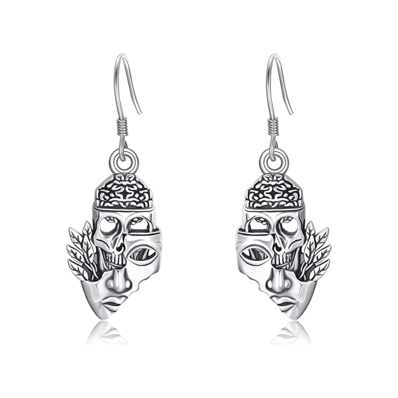 Sterling Silver Skull Mask Drop Earrings-1