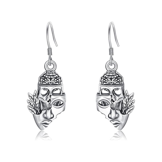 Sterling Silver Skull Mask Drop Earrings