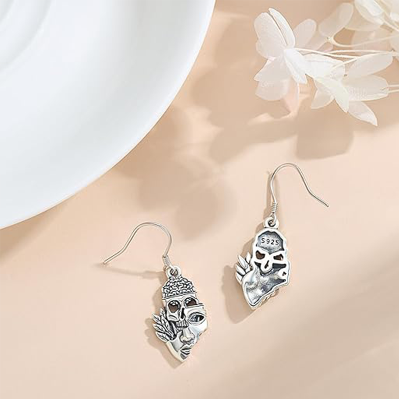 Sterling Silver Skull Mask Drop Earrings-3