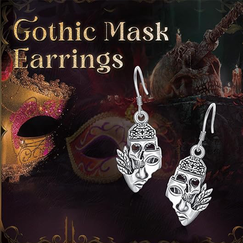 Sterling Silver Skull Mask Drop Earrings-6