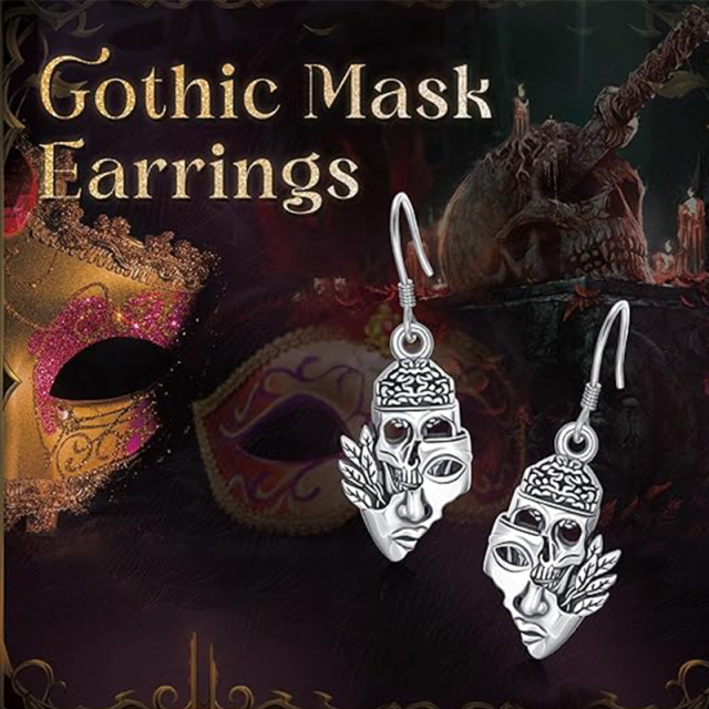 Boucles d'oreilles pendantes en argent sterling avec masque de crâne-6