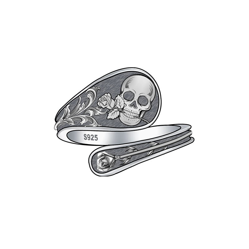 Bague ouverte en argent sterling avec tête de mort-1