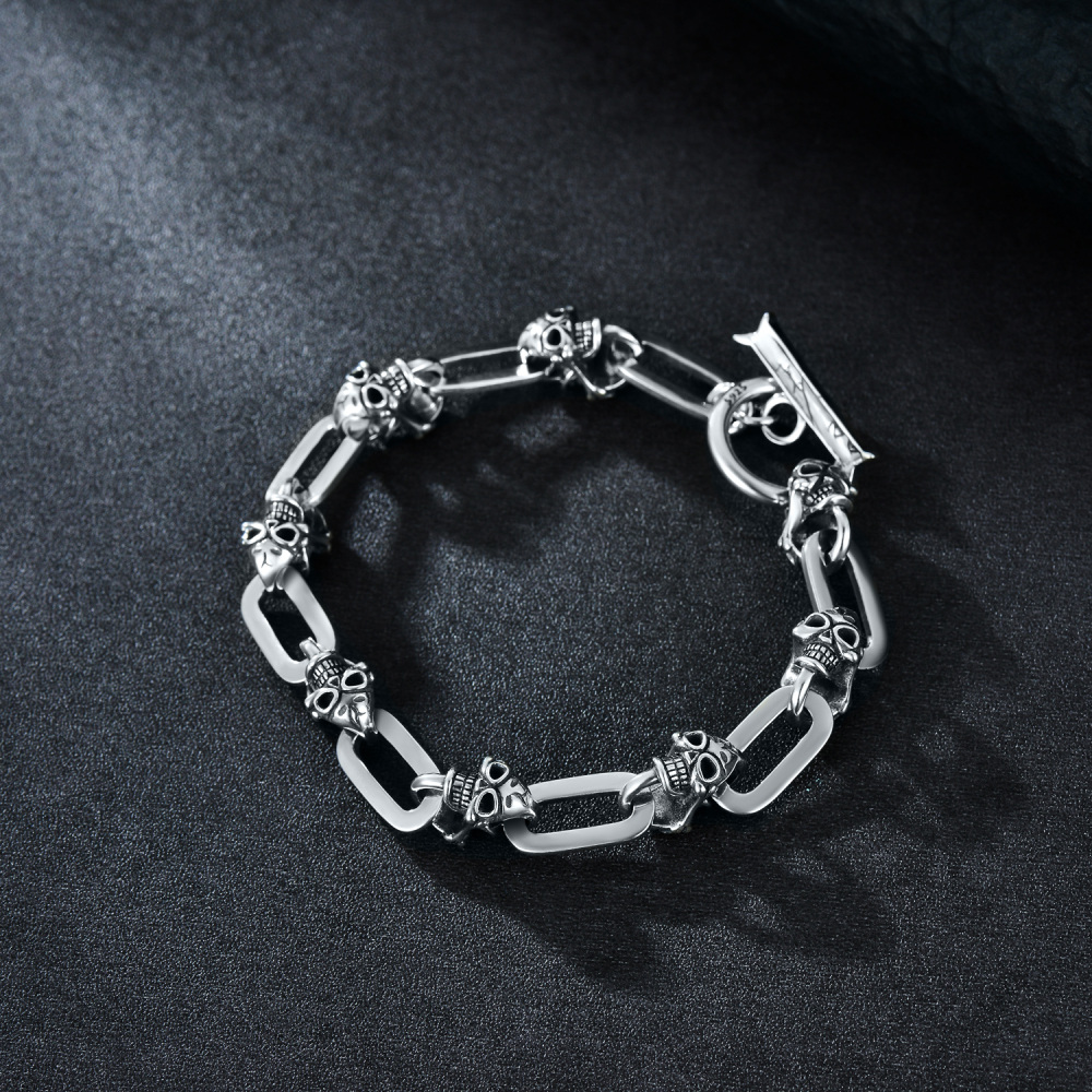 Sterling Silver Skull Charm Bracelet for Men-3