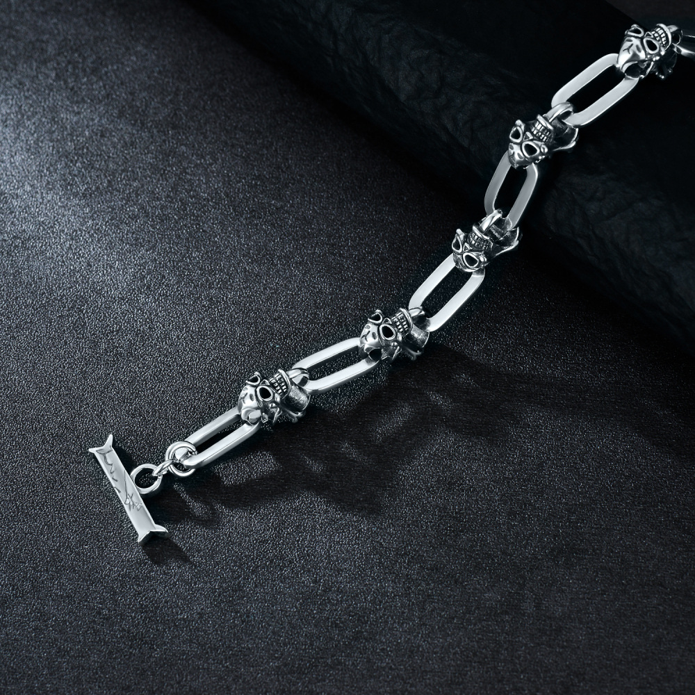 Sterling Silver Skull Charm Bracelet for Men-4