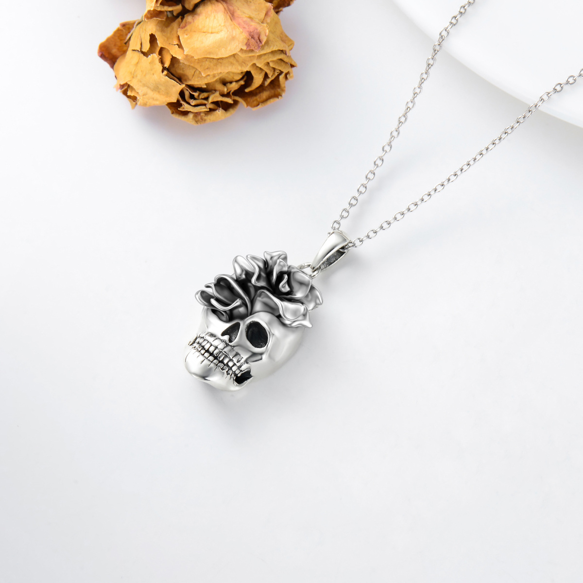 Sterling Silver Rose & Skull Pendant Necklace for Women Men-5