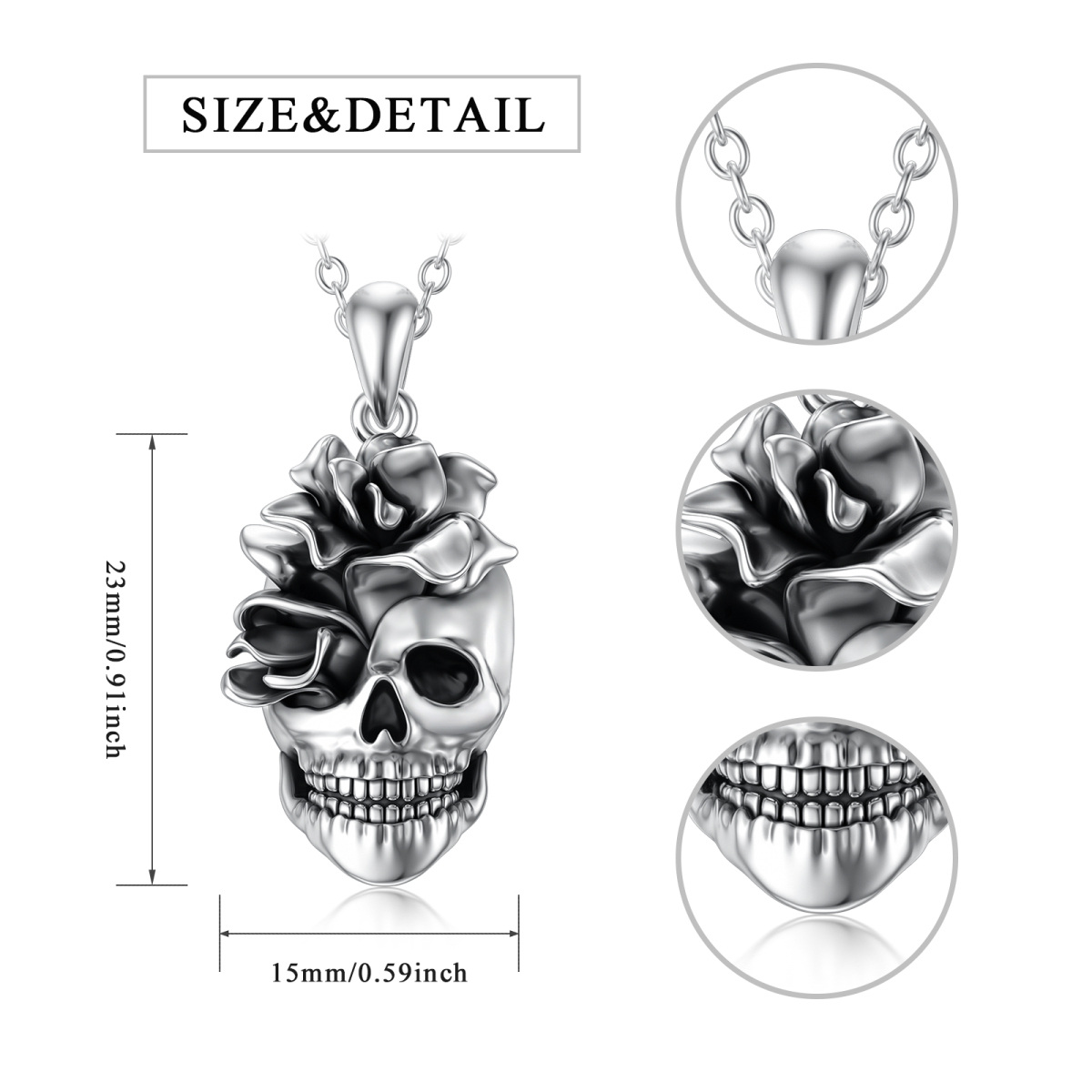 Sterling Silver Rose & Skull Pendant Necklace for Women Men-6