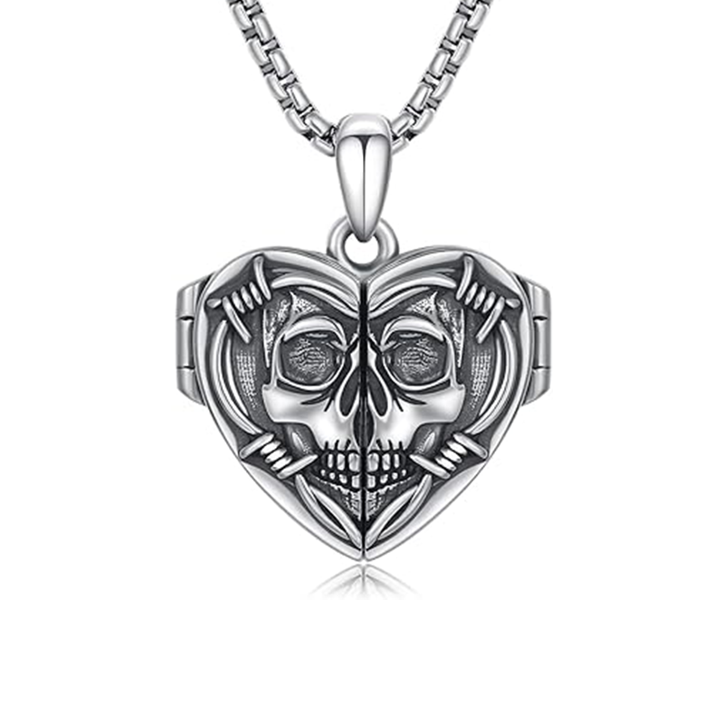 Personalisierte Medaillon-Halskette mit Totenkopf-Motiv aus Sterlingsilber-1