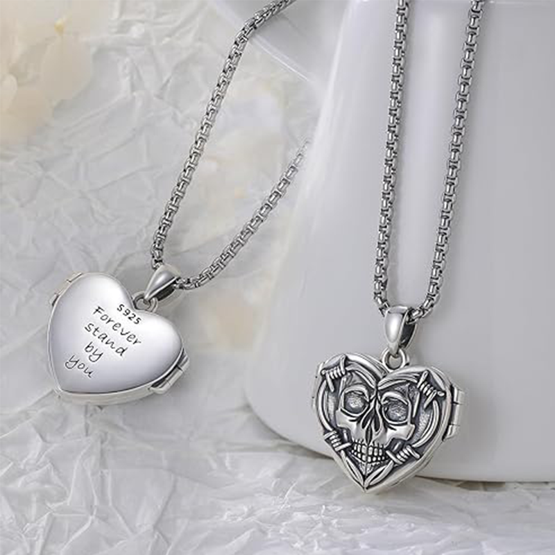 Sterling Silver Skull Personalized Photo Locket Necklace-4