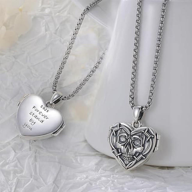 Collier avec médaillon photo personnalisé en argent sterling avec tête de mort-4