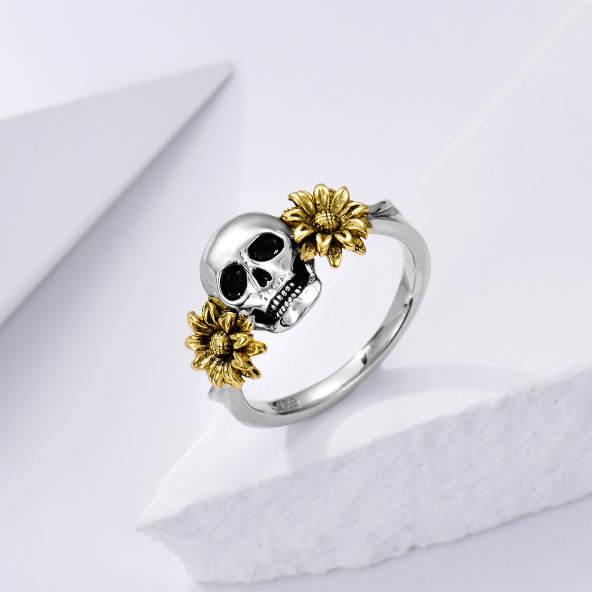 Sterling Silver Two-tone Sunflower & Skull Ring-3