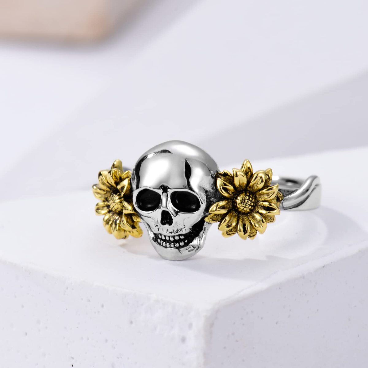 Sterling Silver Two-tone Sunflower & Skull Ring-4