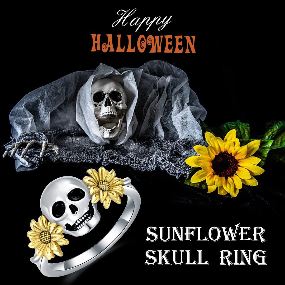 Sterling Silver Two-tone Sunflower & Skull Ring-5