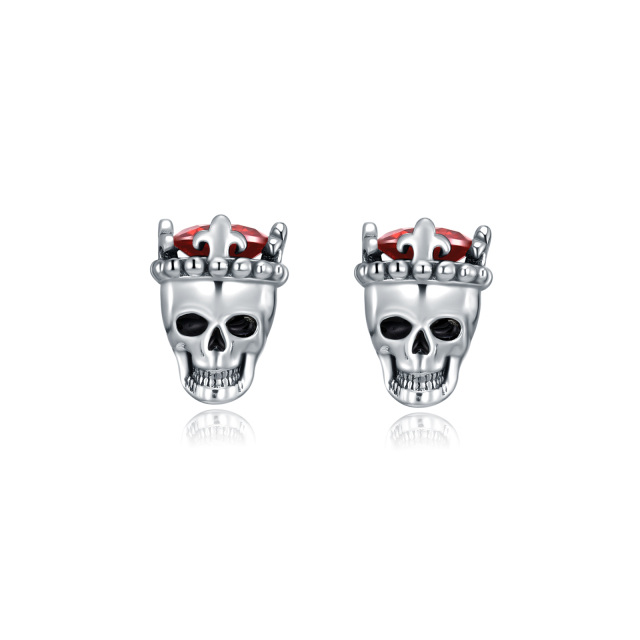 Sterling Silver Cubic Zirconia Skull Stud Earrings-1