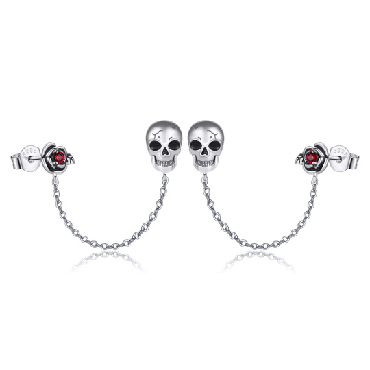 Sterling Silver Cubic Zirconia Skull Stud Earrings-1