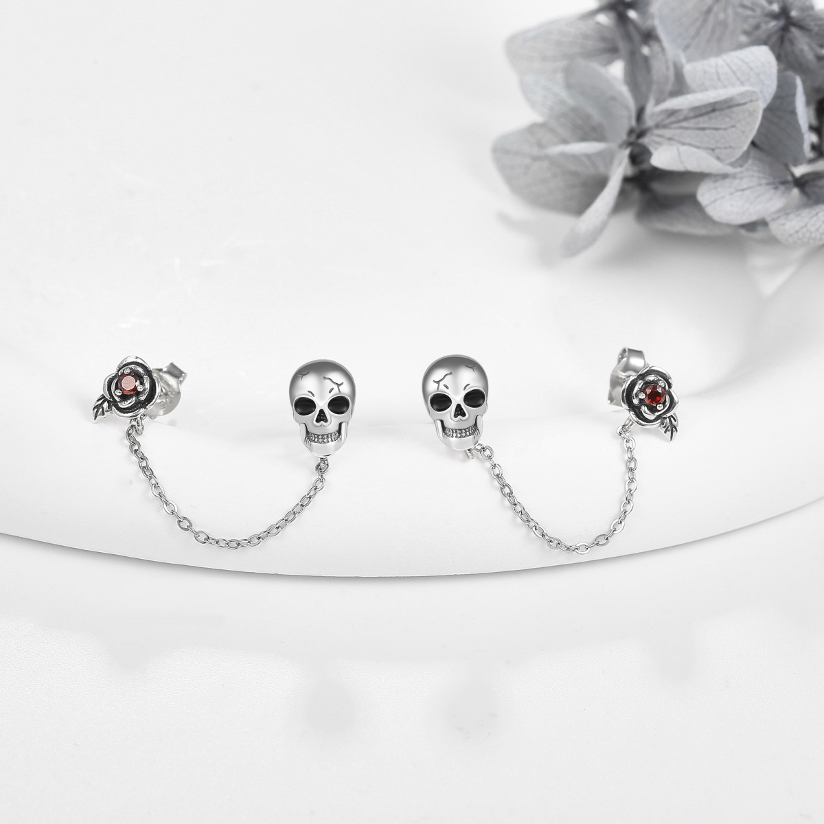 Sterling Silver Cubic Zirconia Skull Stud Earrings-3