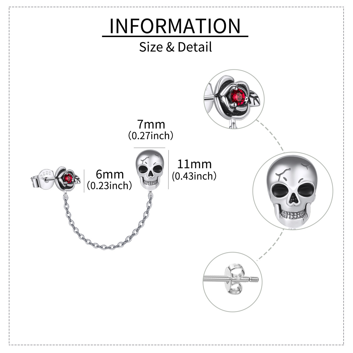 Pendientes de plata de ley con forma de calavera y circonita cúbica-5