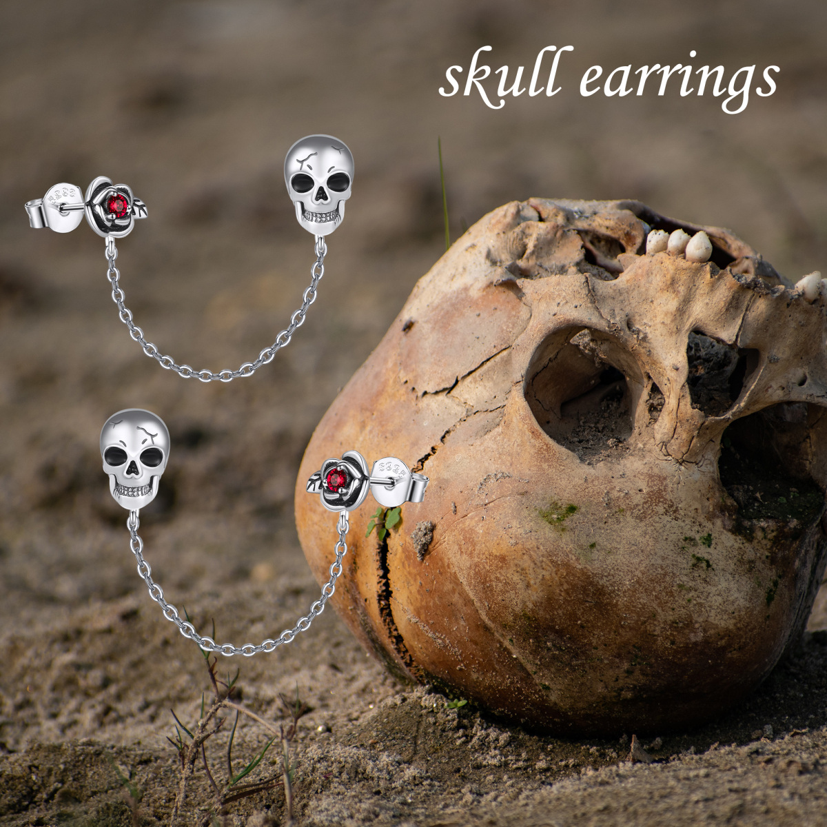 Sterling Silver Cubic Zirconia Skull Stud Earrings-6