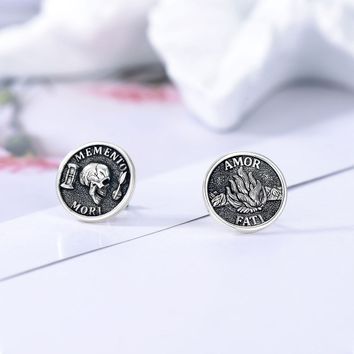 Sterling Silver Skull Stud Earrings with Engraved Word-3