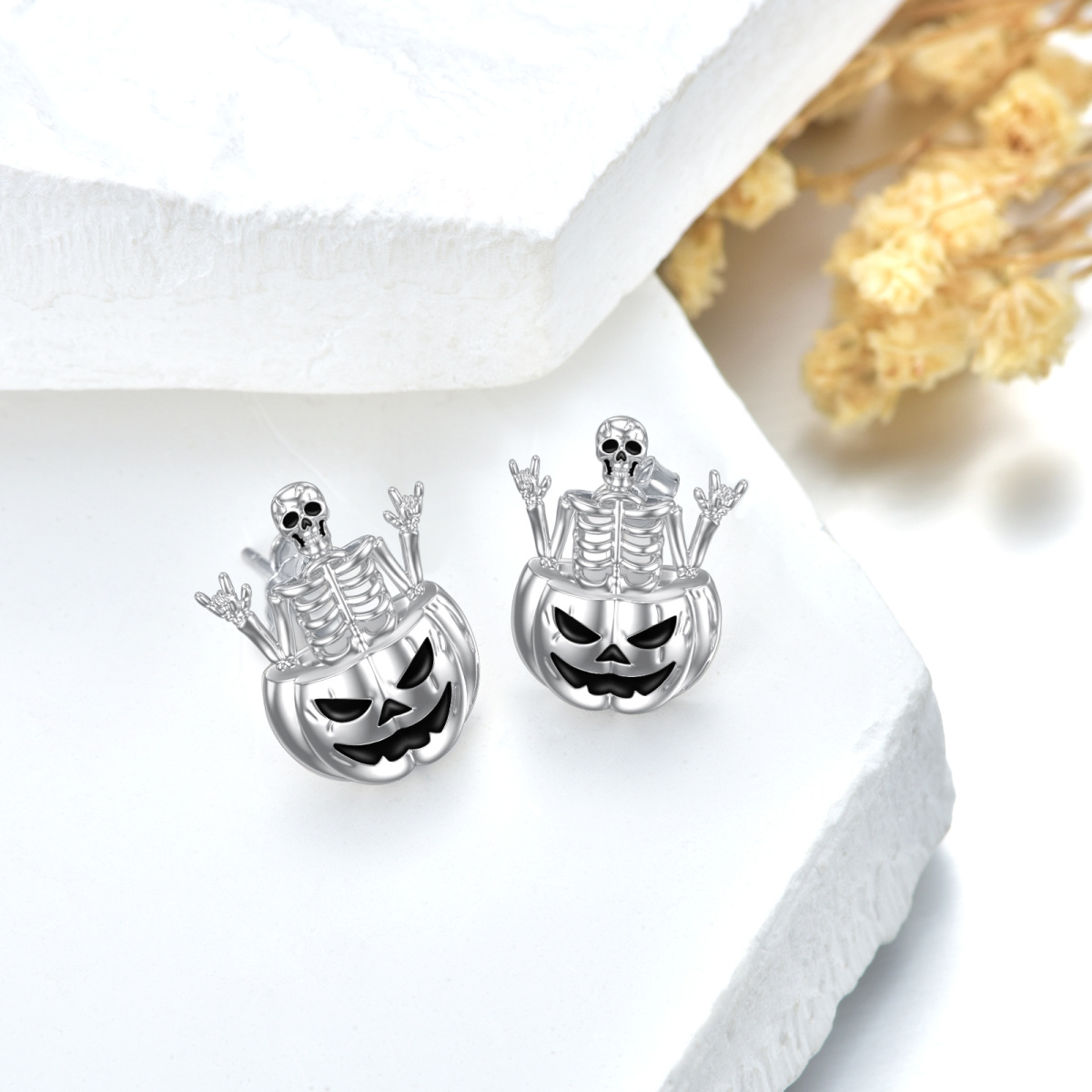 Pendientes calavera de plata de ley-3