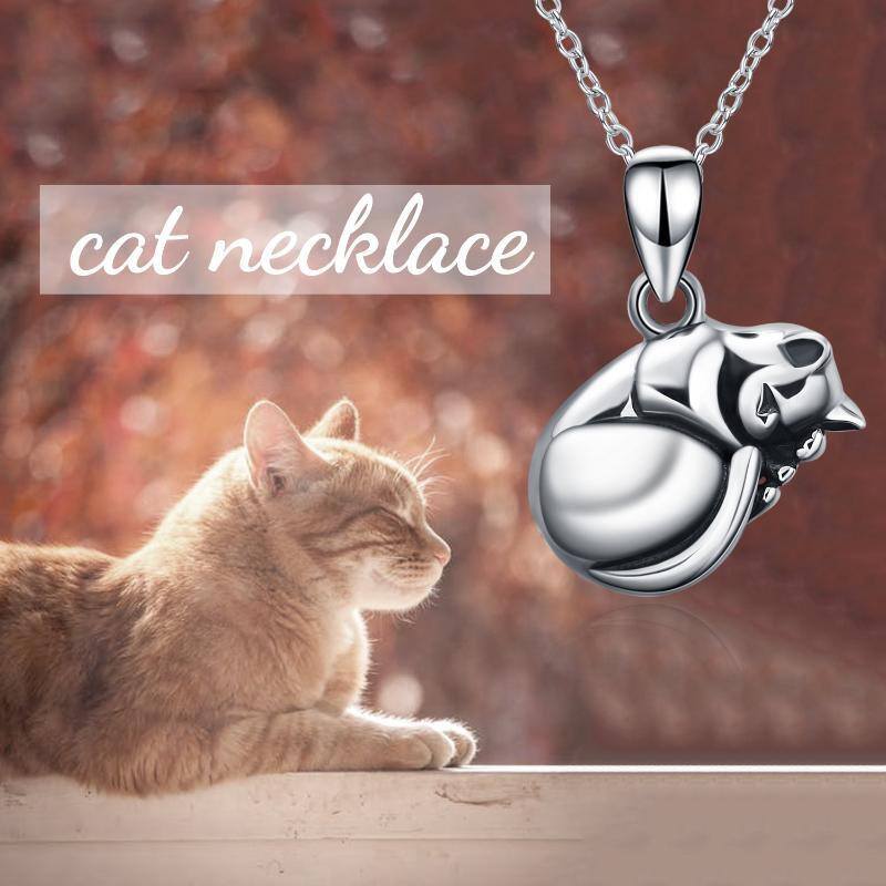 Colar de prata esterlina com urna de gato adormecido para cinzas-3