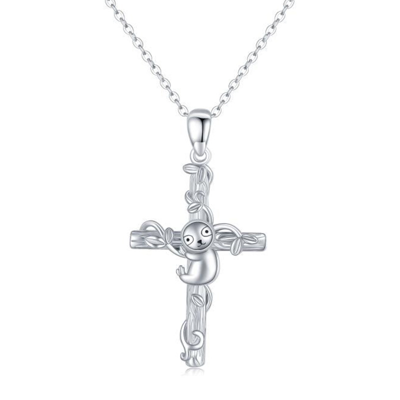 Collier en argent sterling avec pendentif paresseux et croix-1