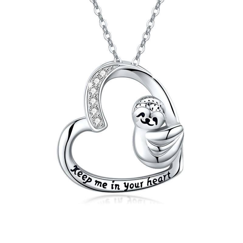 Colgante de plata de ley con circonita cúbica y corazón de perezoso, collar Keep Me In Your Heart para mujer-1