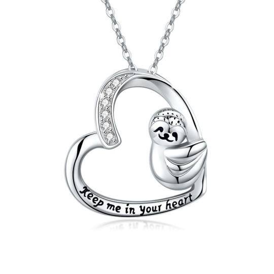 Halskette „Keep Me In Your Heart“ aus Sterlingsilber mit Zirkonia und Faultier-Herz-Anhänger für Damen