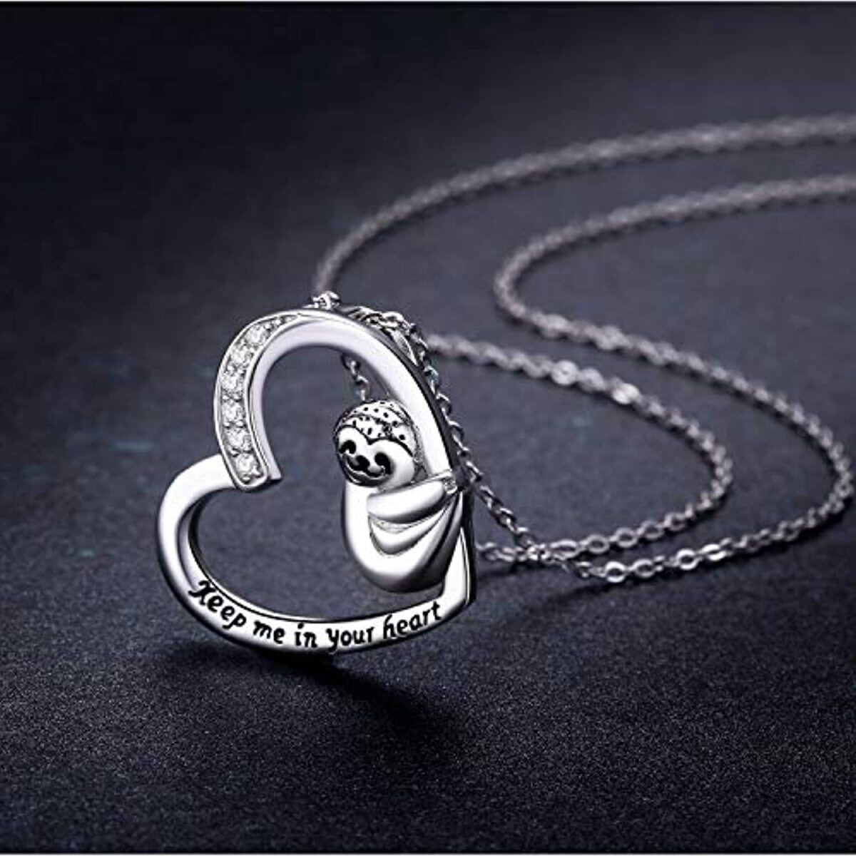 Colgante de plata de ley con circonita cúbica y corazón de perezoso, collar Keep Me In Your Heart para mujer-4