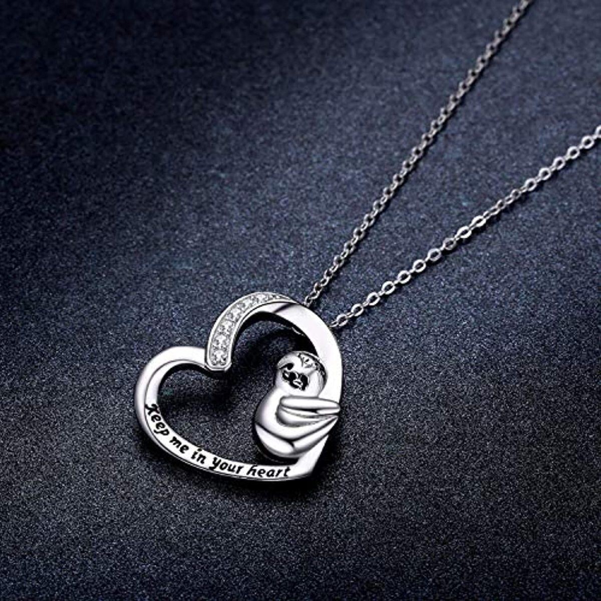 Colgante de plata de ley con circonita cúbica y corazón de perezoso, collar Keep Me In Your Heart para mujer-5