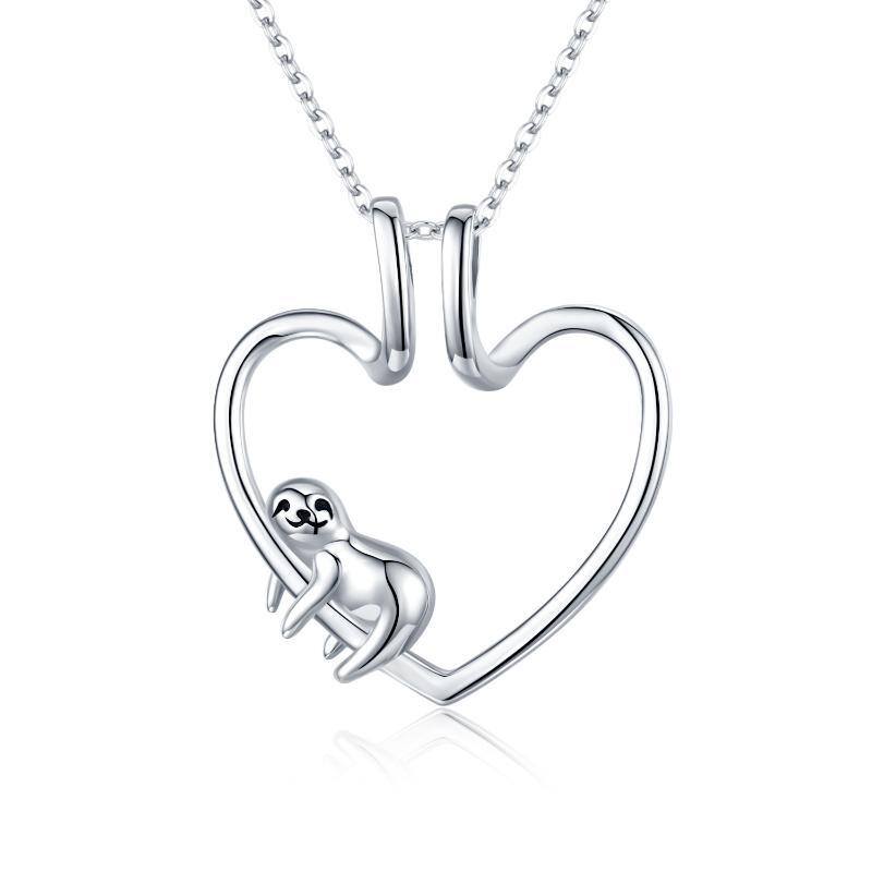 Sterling Silver Sloth & Heart & Ring Holder Pendant Necklace-1