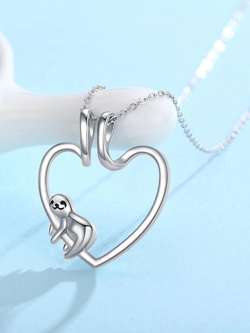 Sterling Silver Sloth & Heart Ring Holder Pendant Necklace For Women-5