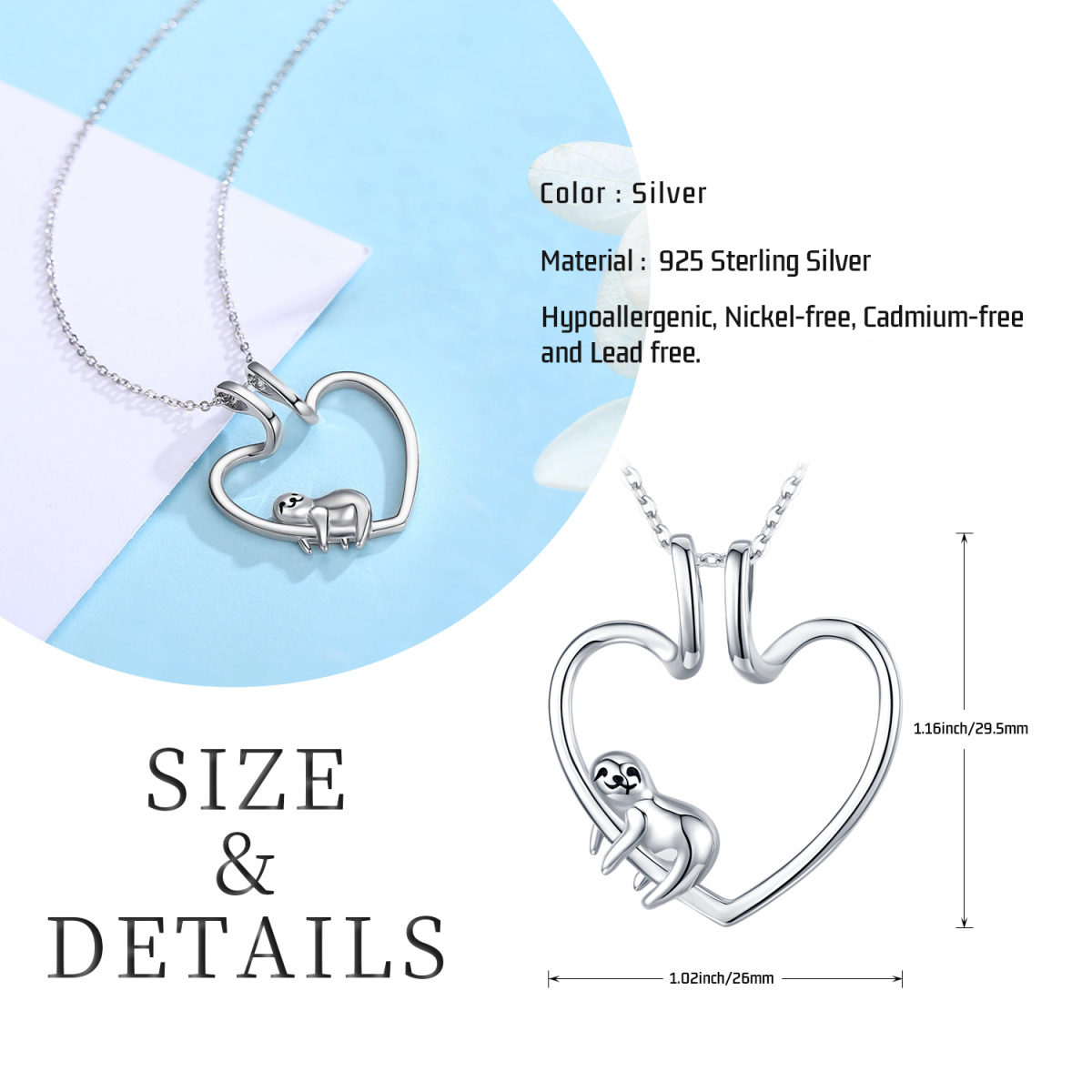 Sterling Silver Sloth & Heart Ring Holder Pendant Necklace For Women-6